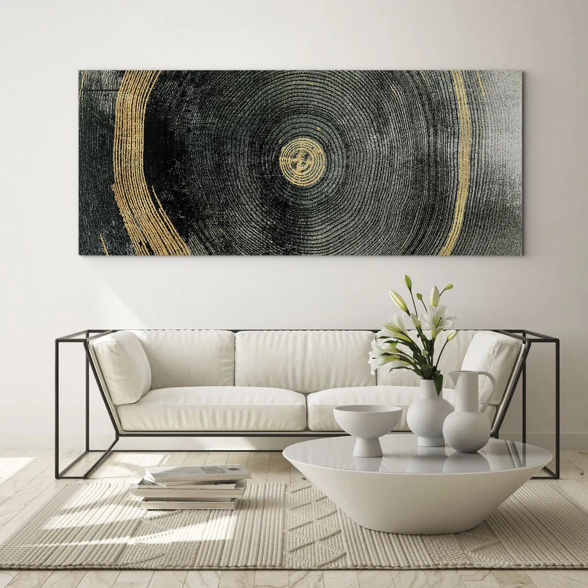 Impression sur verre - Image sur verre - Cercles concentriques avec des accents dorés - 160x50cm - Changement et persistance - Décoration murale moderne pour le salon et la chambre ARTTOR