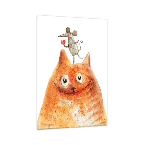 Impression sur verre - Image sur verre - Un dessin d'un chat avec une souris sur la tête tenant un cœur - 80x120cm - Amour paradoxal - Décoration murale moderne pour le salon et la chambre ARTTOR