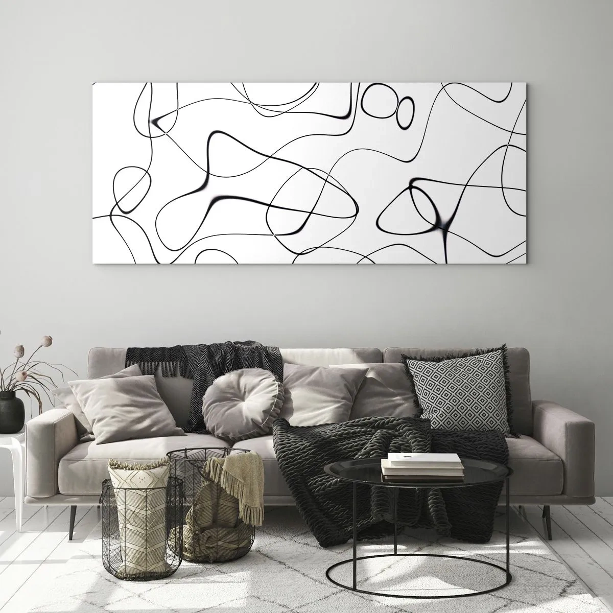 Impression sur verre - Image sur verre - Lignes noires abstraites sur fond blanc dans un style minimaliste - 120x50cm - Le chemin de la vie, les voies du hasard - Décoration murale moderne pour le salon et la chambre ARTTOR