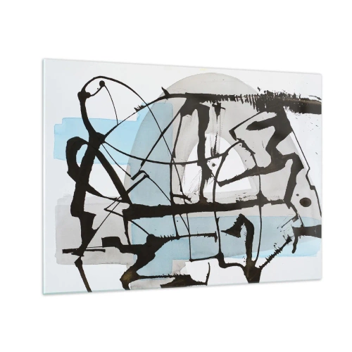 Impression sur verre - Image sur verre - Composition abstraite avec un croquis noir et des taches bleues - 70x50cm - Bleu malgré tout - Décoration murale moderne pour le salon et la chambre ARTTOR