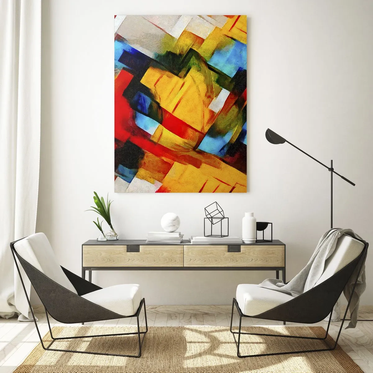 Impression sur verre - Image sur verre - Composition abstraite de formes géométriques - 50x70cm - Une superposition multicolore - Décoration murale moderne pour le salon et la chambre ARTTOR