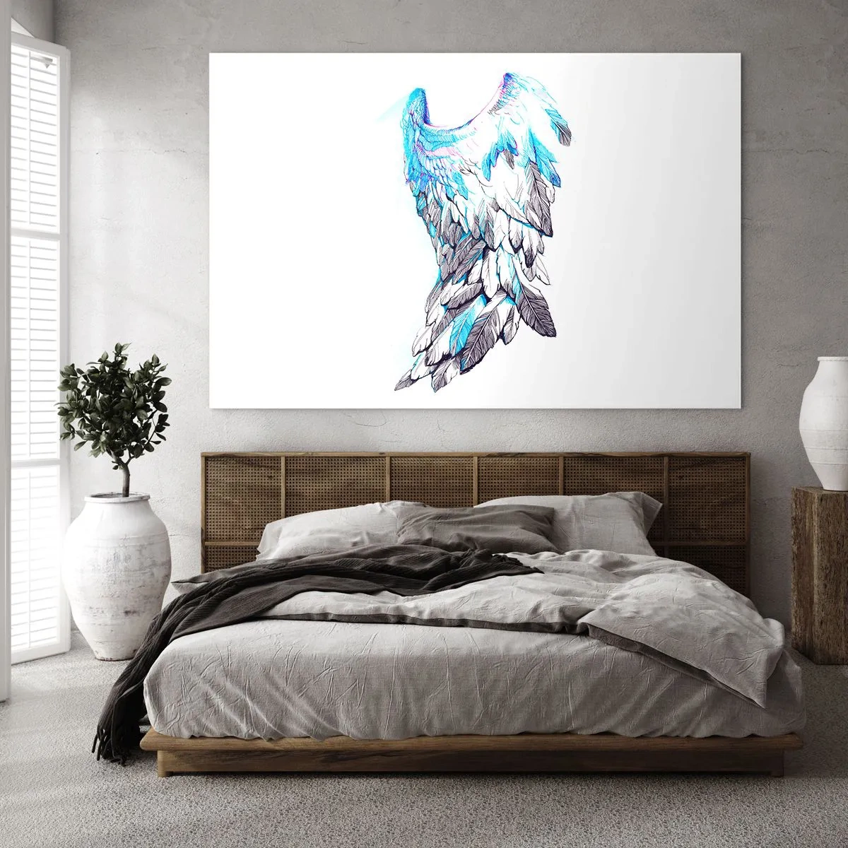 Impression sur verre - Image sur verre - Ailes d'ange dans les tons de bleu et de gris - 70x50cm - j'ai besoin d'ailes - Décoration murale moderne pour le salon et la chambre ARTTOR