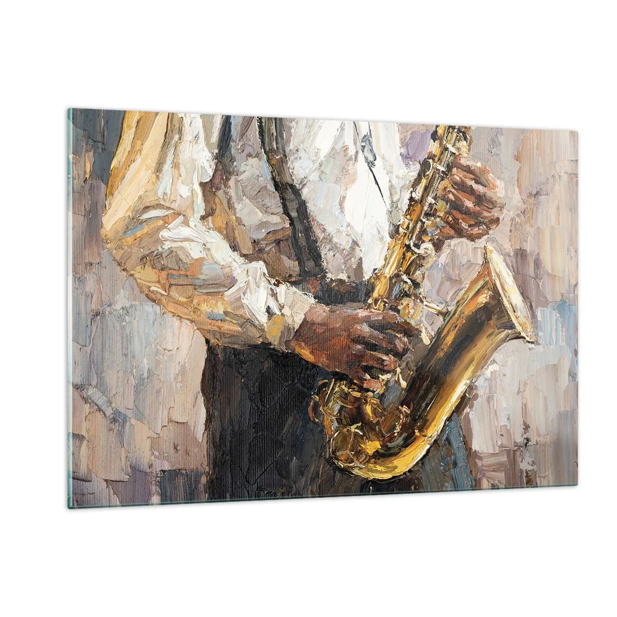 Impression sur verre - Image sur verre - Un musicien jouant du saxophone peint en utilisant la technique de l'empâtement - 120x80cm - C'est l'heure du solo - Décoration murale moderne pour le salon et la chambre ARTTOR
