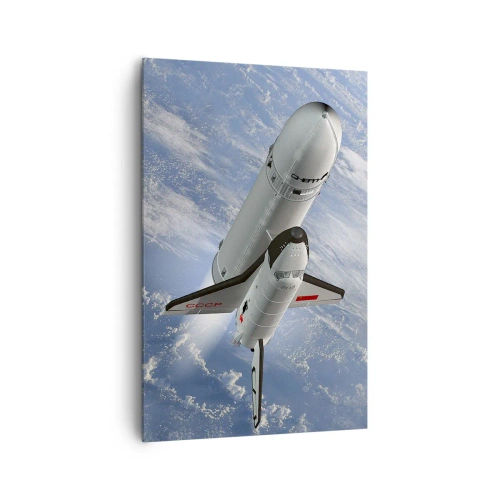 Impression sur toile - Image sur toile - Une fusée spatiale s'élevant devant la Terre en arrière-plan - 80x120cm - Ascension cosmique - Décoration murale moderne pour le salon et la chambre ARTTOR