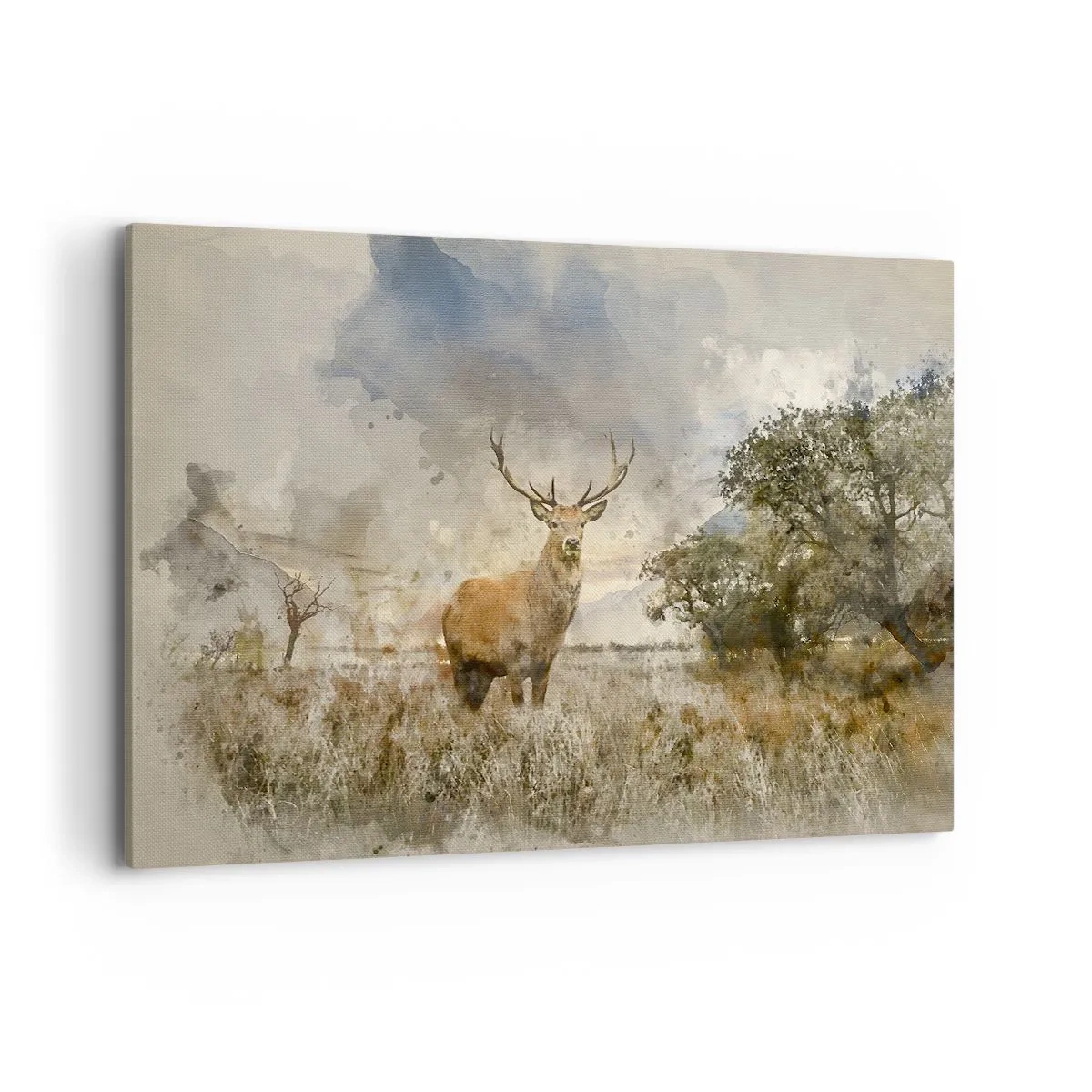 Impression sur toile - Image sur toile - Un cerf dans un cadre naturel dans un style aquarelle - 120x80cm - Dignité - force - majesté - Décoration murale moderne pour le salon et la chambre ARTTOR