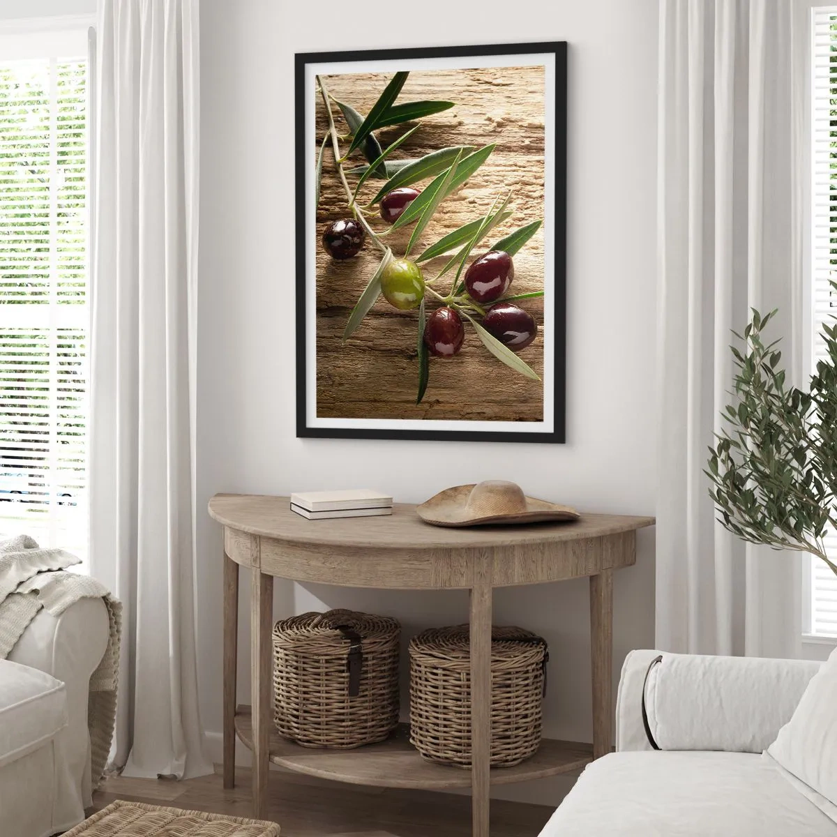 Affiche dans un cadre noir - Poster - Branche d'olivier avec olives vertes et noires - 50x70cm - Directement de la nature - Décoration murale moderne pour le salon et la chambre ARTTOR