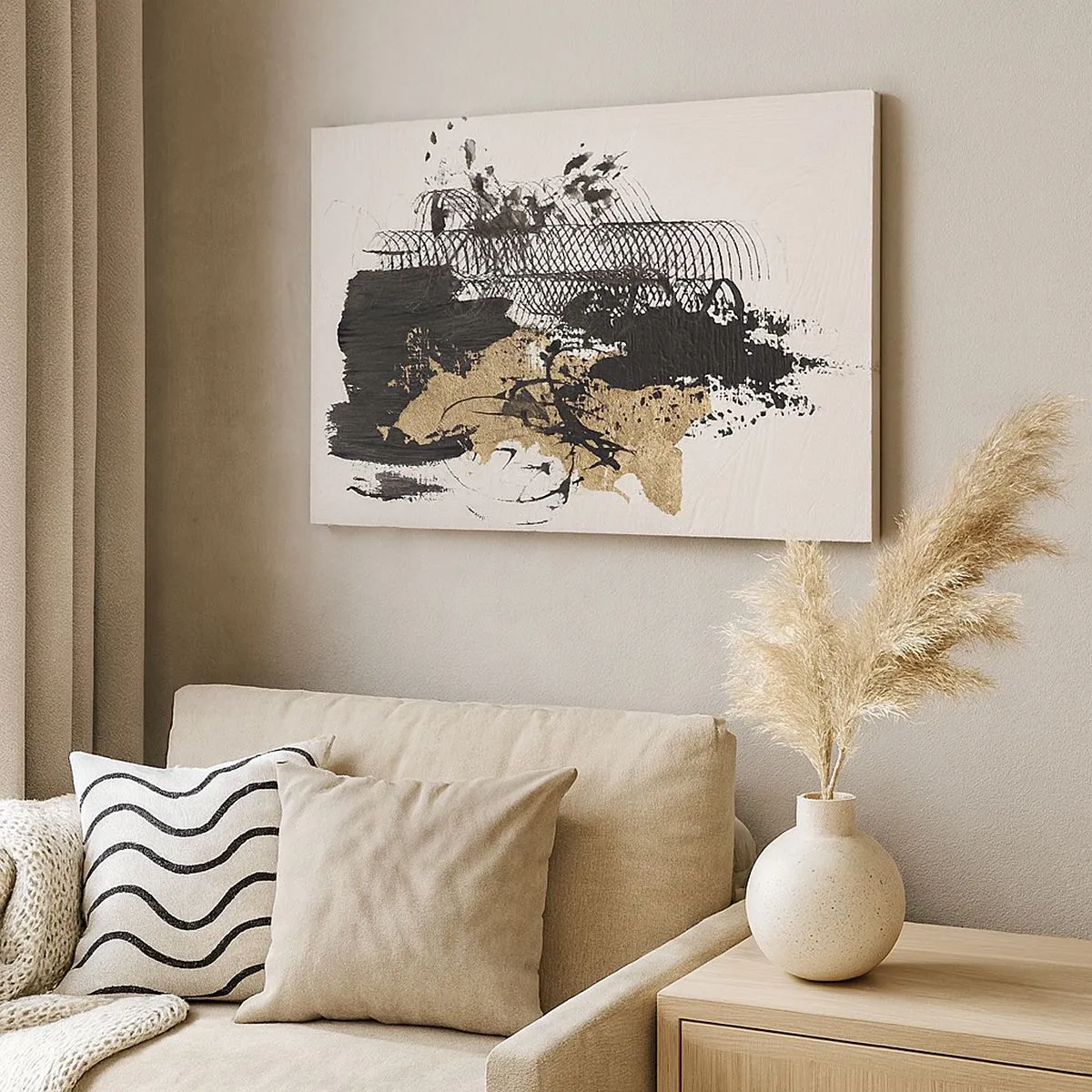 Impression sur toile - Image sur toile - Une peinture abstraite en noir et or avec des lignes et des structures dynamiques. - 70x50cm - Composer avec passion - Décoration murale moderne pour le salon et la chambre ARTTOR