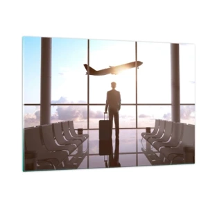 Impression sur verre - Image sur verre - Un homme avec une valise à l'aéroport regardant un avion décoller. - 120x80cm - Vous avez le temps, ralentissez - Décoration murale moderne pour le salon et la chambre ARTTOR