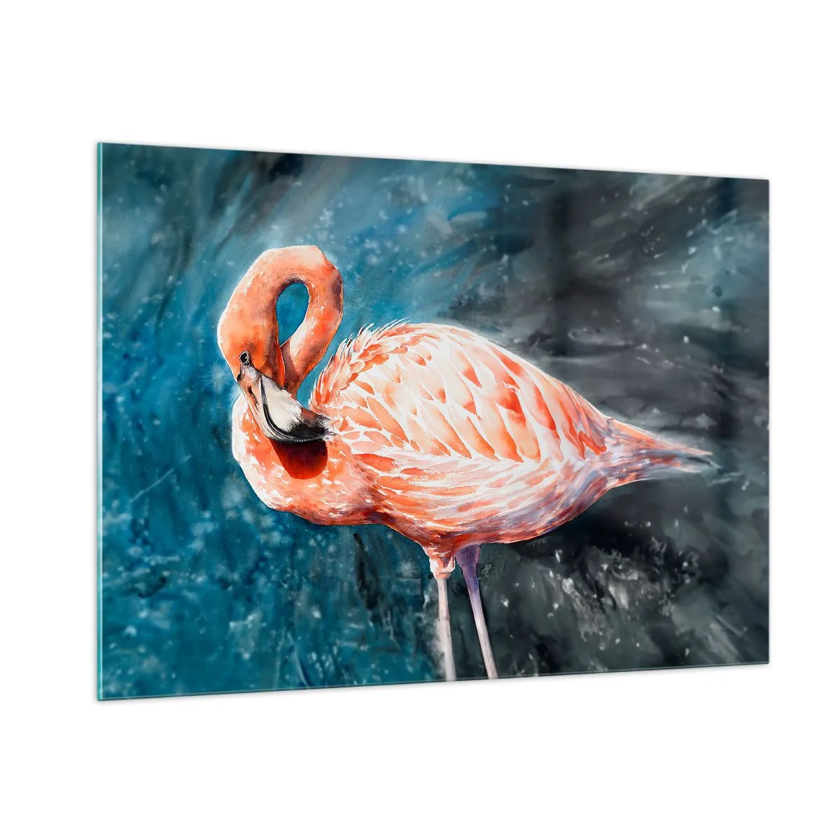 Impression sur verre - Image sur verre - Un flamant rose sur un fond aquarelle bleu - 100x70cm - Décoratif par nature - Décoration murale moderne pour le salon et la chambre ARTTOR