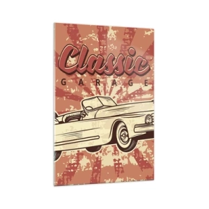 Impression sur verre - Image sur verre - Affiche rétro avec une voiture classique et les mots Classic Garage - 70x100cm - Et à la radio, Elvis - Décoration murale moderne pour le salon et la chambre ARTTOR