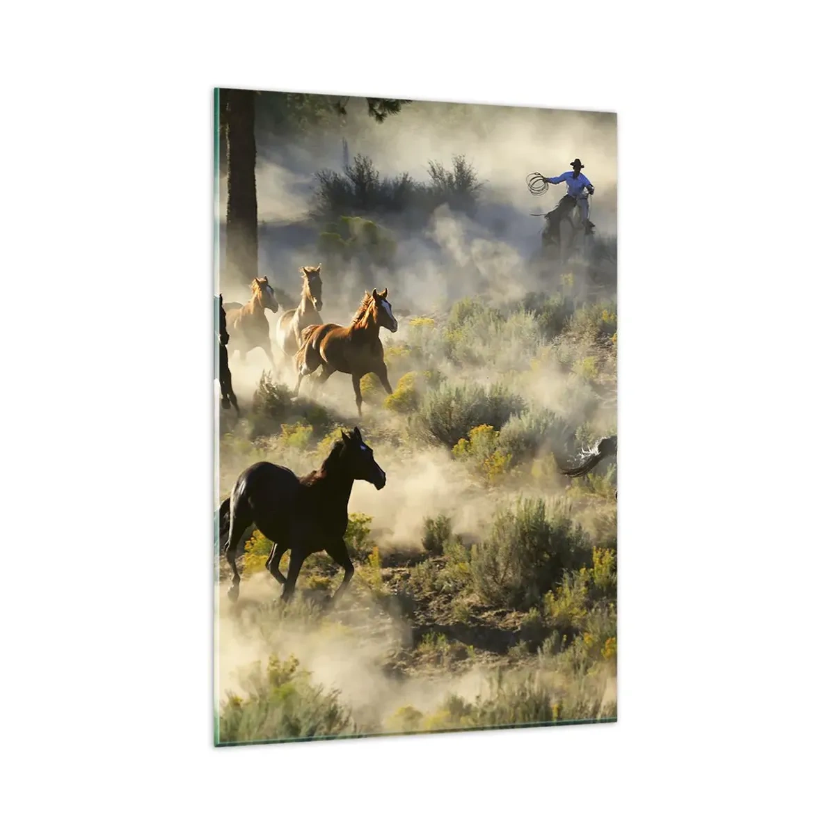 Impression sur verre - Image sur verre - Un troupeau de chevaux sauvages galopant à travers la poussière et la végétation - 80x120cm - Rivalité - liberté ou force masculine ? - Décoration murale moderne pour le salon et la chambre ARTTOR
