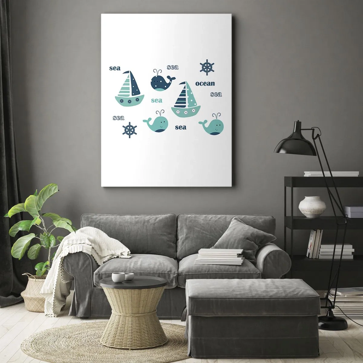 Impression sur toile - Image sur toile - Charmants motifs nautiques avec des baleines et des voiliers - 80x120cm - À travers les mers et les océans - Décoration murale moderne pour le salon et la chambre ARTTOR