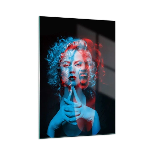 Impression sur verre - Image sur verre - Portrait d'une femme avec un effet de changement de couleur, dans les tons bleus et rouges - 50x70cm - Alter ego - Décoration murale moderne pour le salon et la chambre ARTTOR