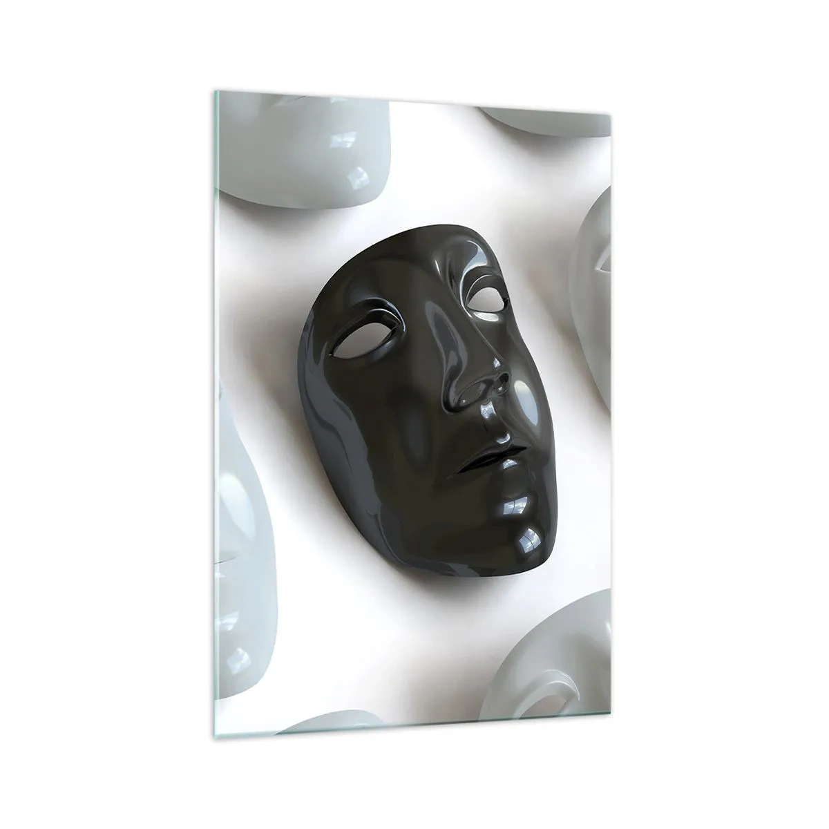 Impression sur verre - Image sur verre - Masques noirs et blancs sur fond clair - 70x100cm - Comment se démarquer ? - Décoration murale moderne pour le salon et la chambre ARTTOR