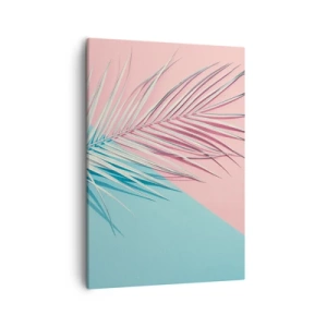 Impression sur toile - Image sur toile - Feuille tropicale sur un fond de tons pastel de rose et de bleu - 50x70cm - Impression tropicale - Décoration murale moderne pour le salon et la chambre ARTTOR
