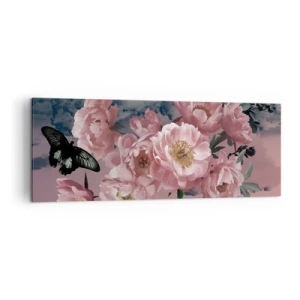 Impression sur toile - Image sur toile - Pivoines roses avec un papillon sur fond pastel - 140x50cm - Pic du romantisme - Décoration murale moderne pour le salon et la chambre ARTTOR