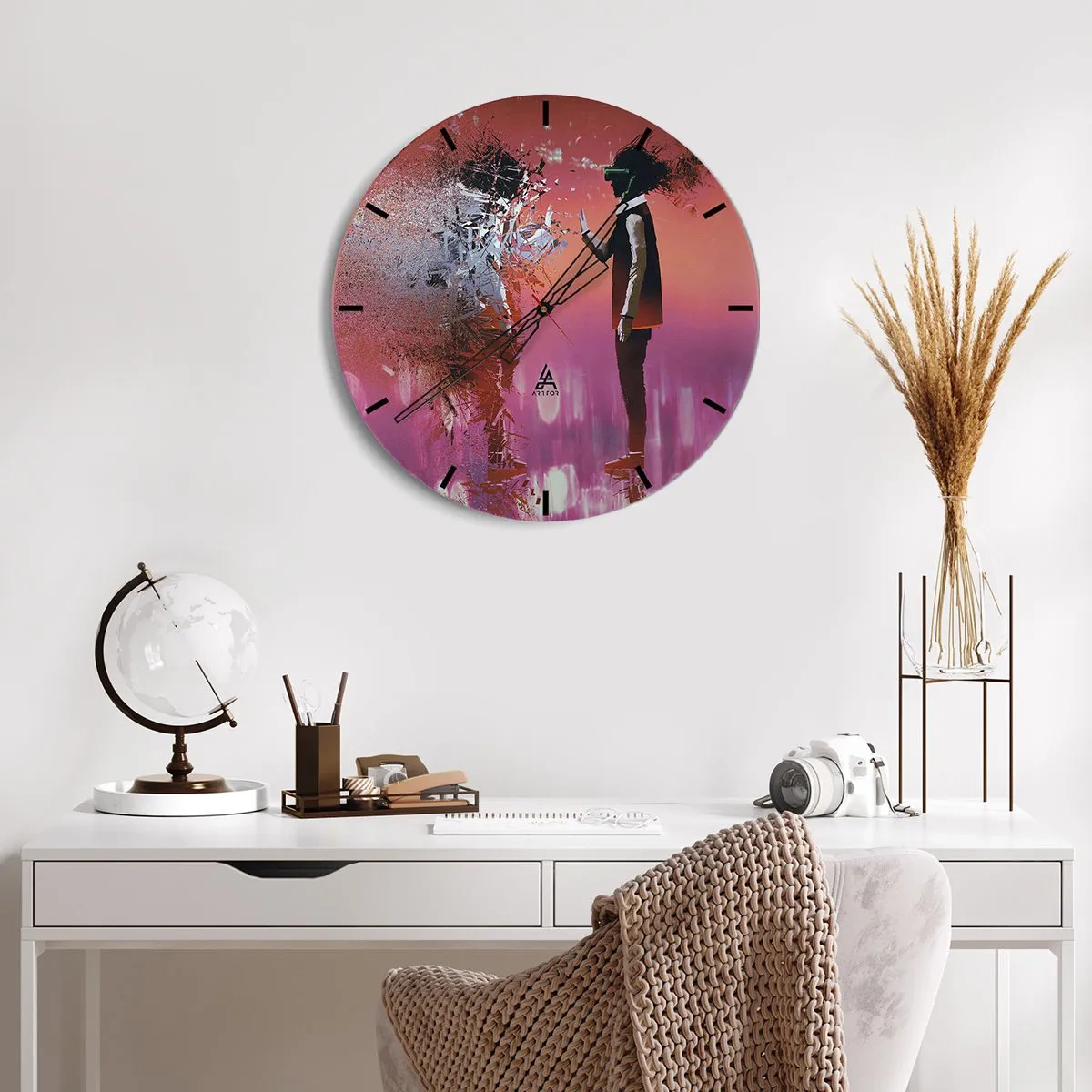 Horloge murale - Pendule murale - Un personnage avec des lunettes VR dans un monde futuriste et rose - 30x30cm - Pouvez-vous regarder à l'intérieur de vous-même ? - Décoration murale moderne pour le salon, la cuisine et la chambre ARTTOR