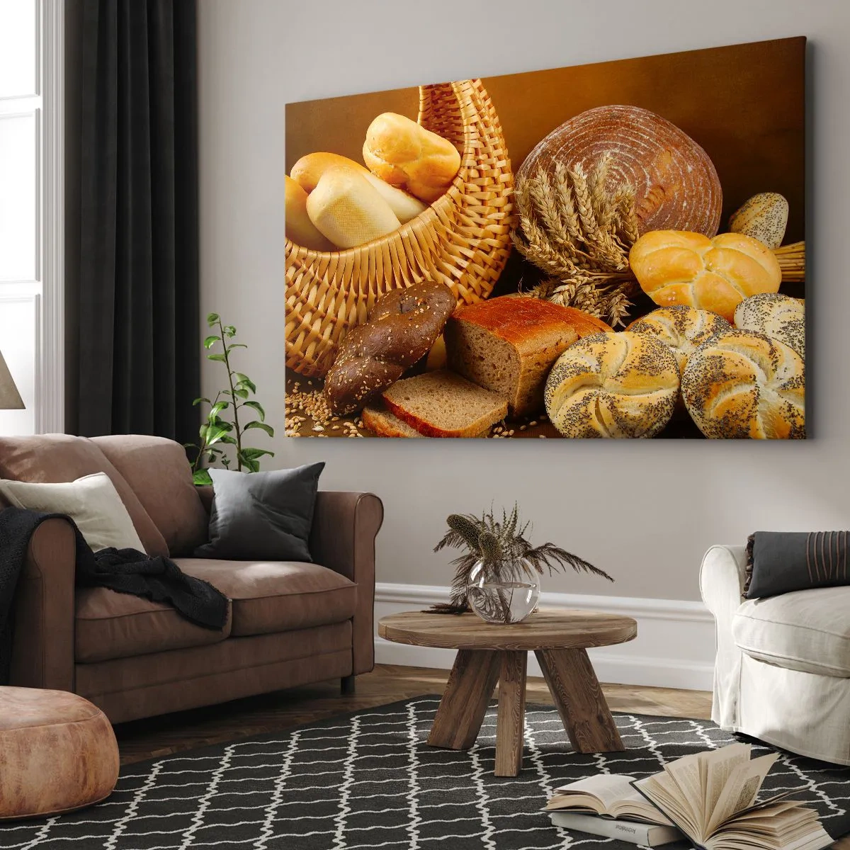 Impression sur toile - Image sur toile - Différents pains dans un panier en osier sur fond doré - 70x50cm - On s'en est encore sorti - Décoration murale moderne pour le salon et la chambre ARTTOR