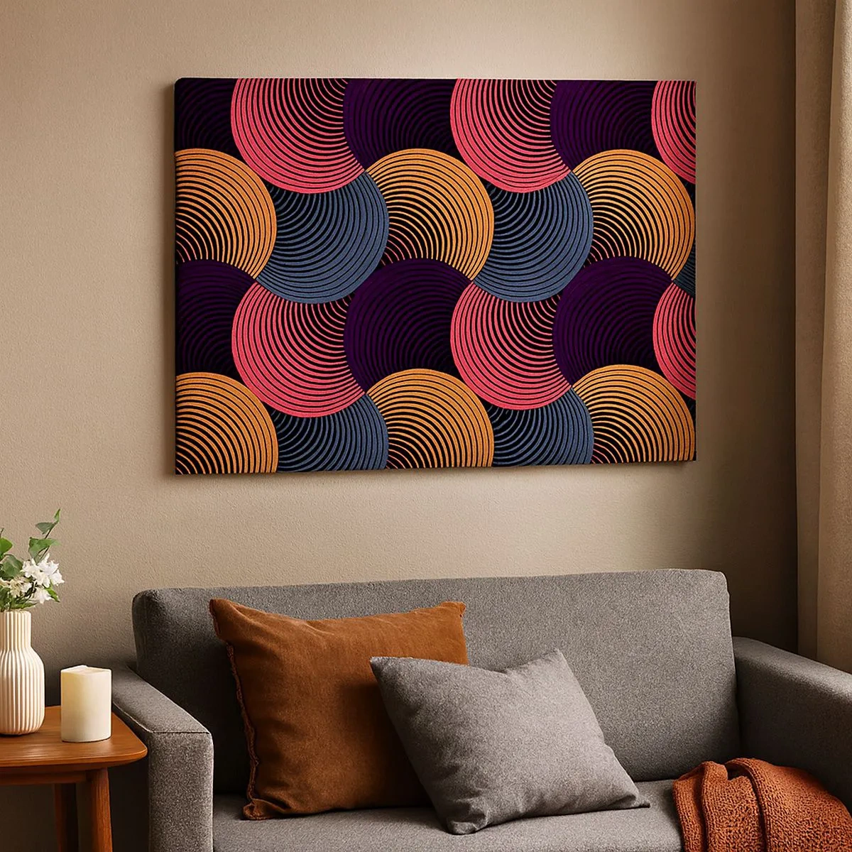 Impression sur toile - Image sur toile - Cercles géométriques dans des tons de rose, violet et or - 70x50cm - Dans un rythme circulaire - Décoration murale moderne pour le salon et la chambre ARTTOR