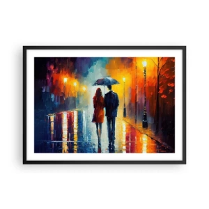 Affiche dans un cadre noir - Poster - Un couple sous un parapluie se promenant dans une ville nocturne colorée - 70x50cm - Ensemble – une nuit colorée - Décoration murale moderne pour le salon et la chambre ARTTOR