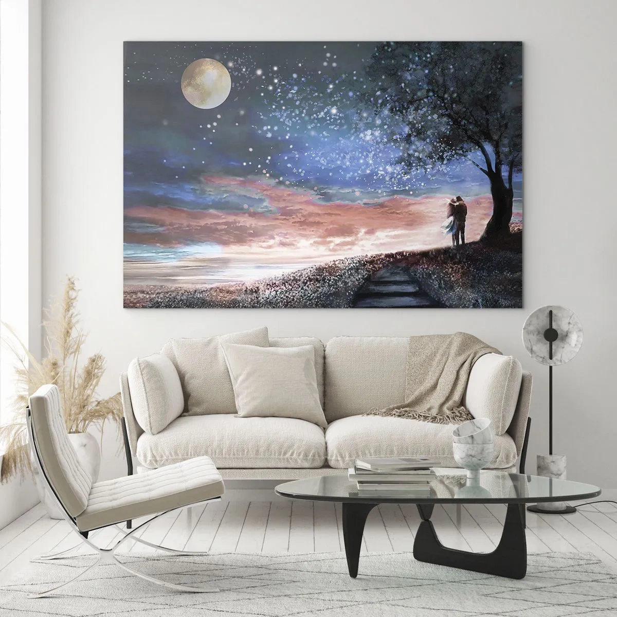 Impression sur verre - Image sur verre - Un couple amoureux sous un arbre avec la lune et les étoiles - 120x80cm - Spectacle étoilé - Décoration murale moderne pour le salon et la chambre ARTTOR