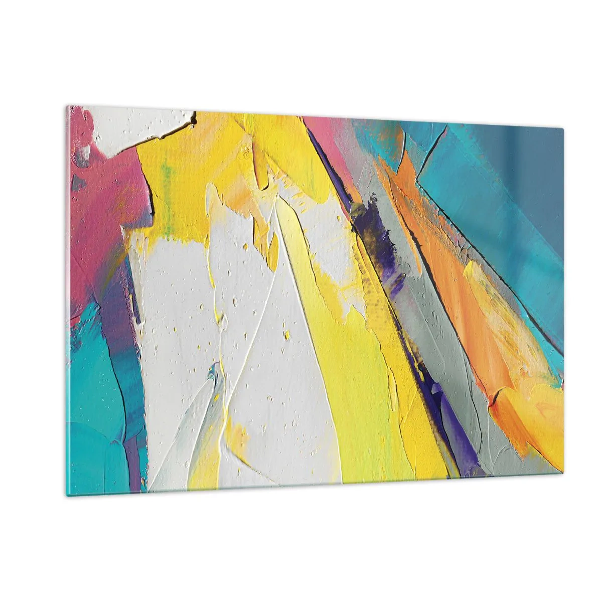 Impression sur verre - Image sur verre - Coups de pinceau abstraits en jaune, bleu et blanc - 120x80cm - Anatomie du monde - Décoration murale moderne pour le salon et la chambre ARTTOR