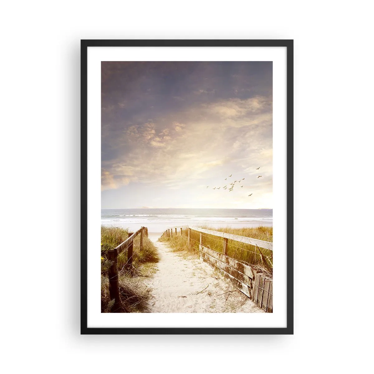 Affiche dans un cadre noir - Poster - Chemin vers la plage au coucher du soleil avec des oiseaux qui volent - 50x70cm - Un espace de paix - Décoration murale moderne pour le salon et la chambre ARTTOR