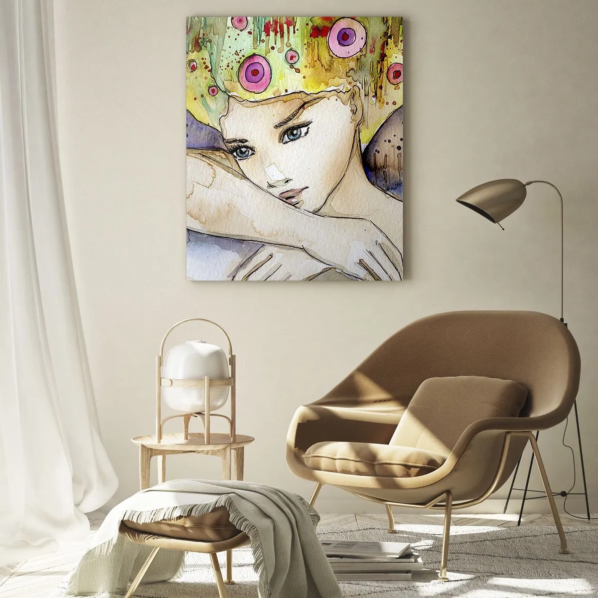 Impression sur verre - Image sur verre - Portrait d'une femme avec une coiffure colorée et un papillon à l'aquarelle - 50x70cm - La princesse papillon - Décoration murale moderne pour le salon et la chambre ARTTOR