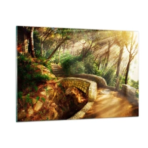 Impression sur verre - Image sur verre - Les rayons du soleil illuminent le pont et le chemin de la forêt - 120x80cm - Directement du pont dans une forêt de conte de fées - Décoration murale moderne pour le salon et la chambre ARTTOR