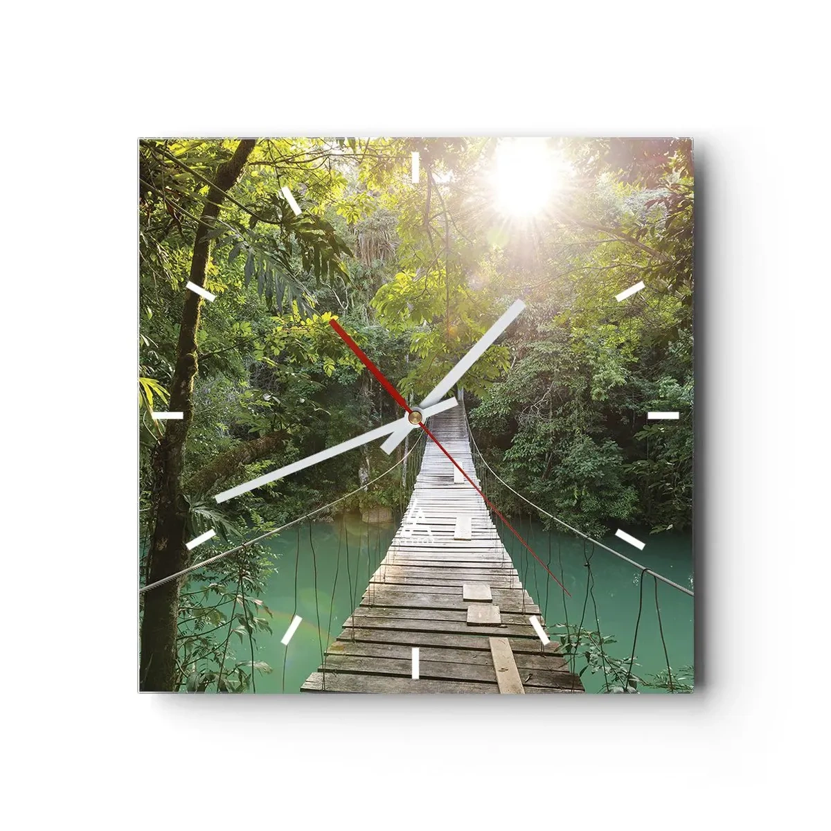 Horloge murale - Pendule murale - Un pont suspendu dans une forêt tropicale illuminée par la lumière du soleil. - 30x30cm - De l'eau azur à la forêt azur - Décoration murale moderne pour le salon et la chambre ARTTOR