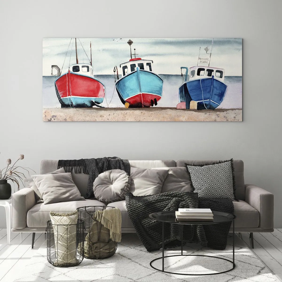 Impression sur verre - Image sur verre - Bateaux de pêche colorés sur le rivage dans un paysage marin - 140x50cm - Prêt pour la pêche - Décoration murale moderne pour le salon et la chambre ARTTOR