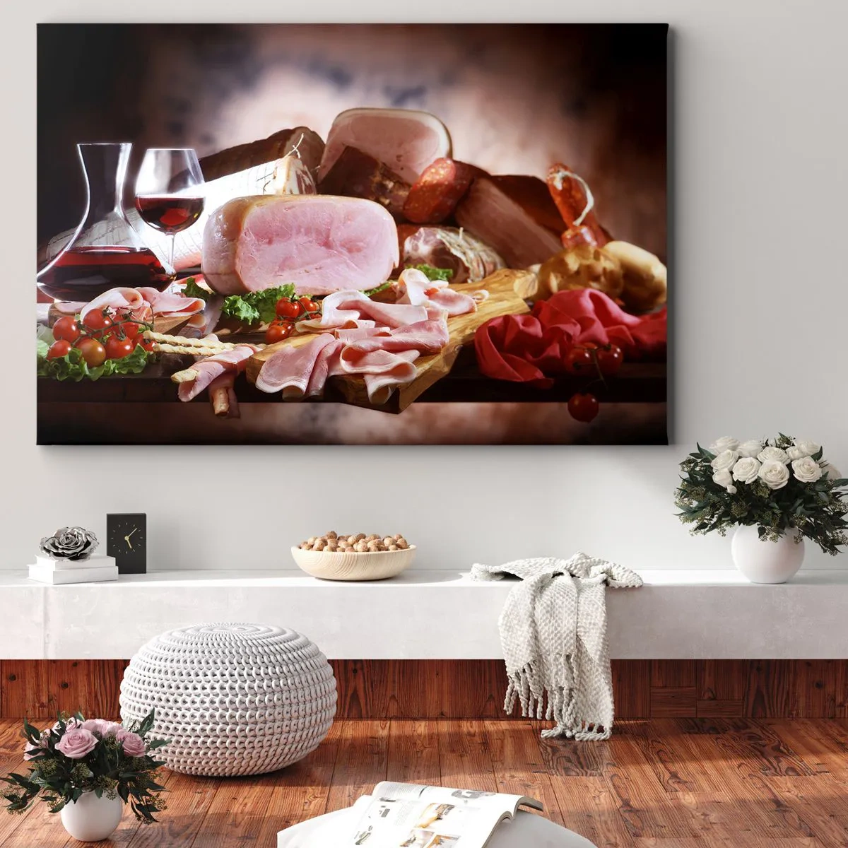 Impression sur toile - Image sur toile - Charcuterie au vin sur fond rustique - 70x50cm - Un rêve culinaire avec une carafe - Décoration murale moderne pour le salon et la chambre ARTTOR