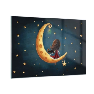 Impression sur verre - Image sur verre - Une fille sur la lune parmi les étoiles sur un fond bleu marine - 100x70cm - Il était une fois... - Décoration murale moderne pour le salon et la chambre ARTTOR