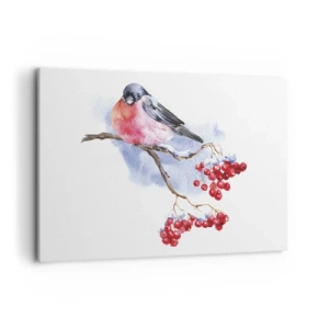 Impression sur toile - Image sur toile - Oiseau sur une branche avec des fruits rouges sur fond aquarelle - 100x70cm - L'hiver en couleurs - Décoration murale moderne pour le salon et la chambre ARTTOR
