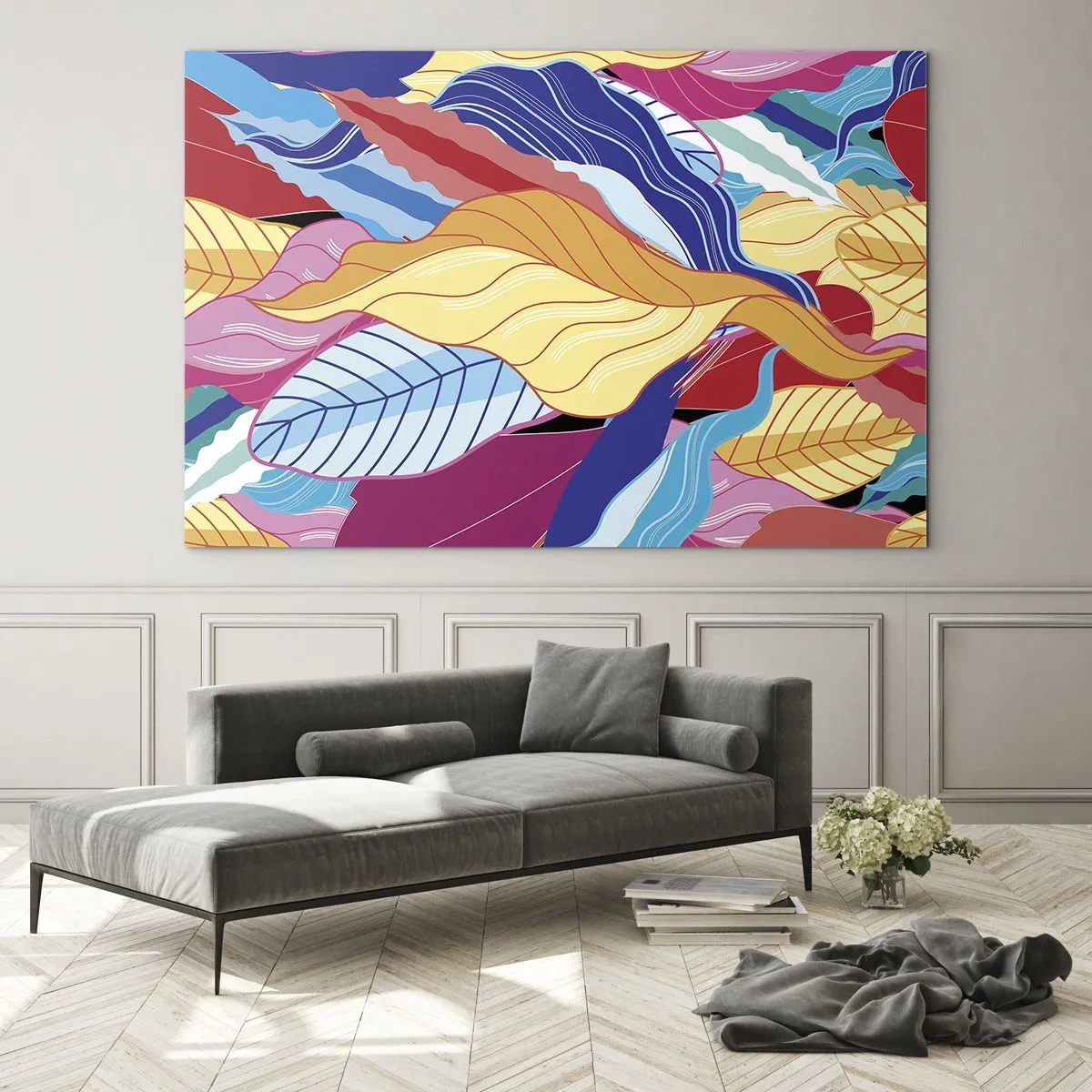 Impression sur verre - Image sur verre - Feuilles abstraites colorées sur un fond de verre - 70x50cm - Un désordre coloré - Décoration murale moderne pour le salon et la chambre ARTTOR