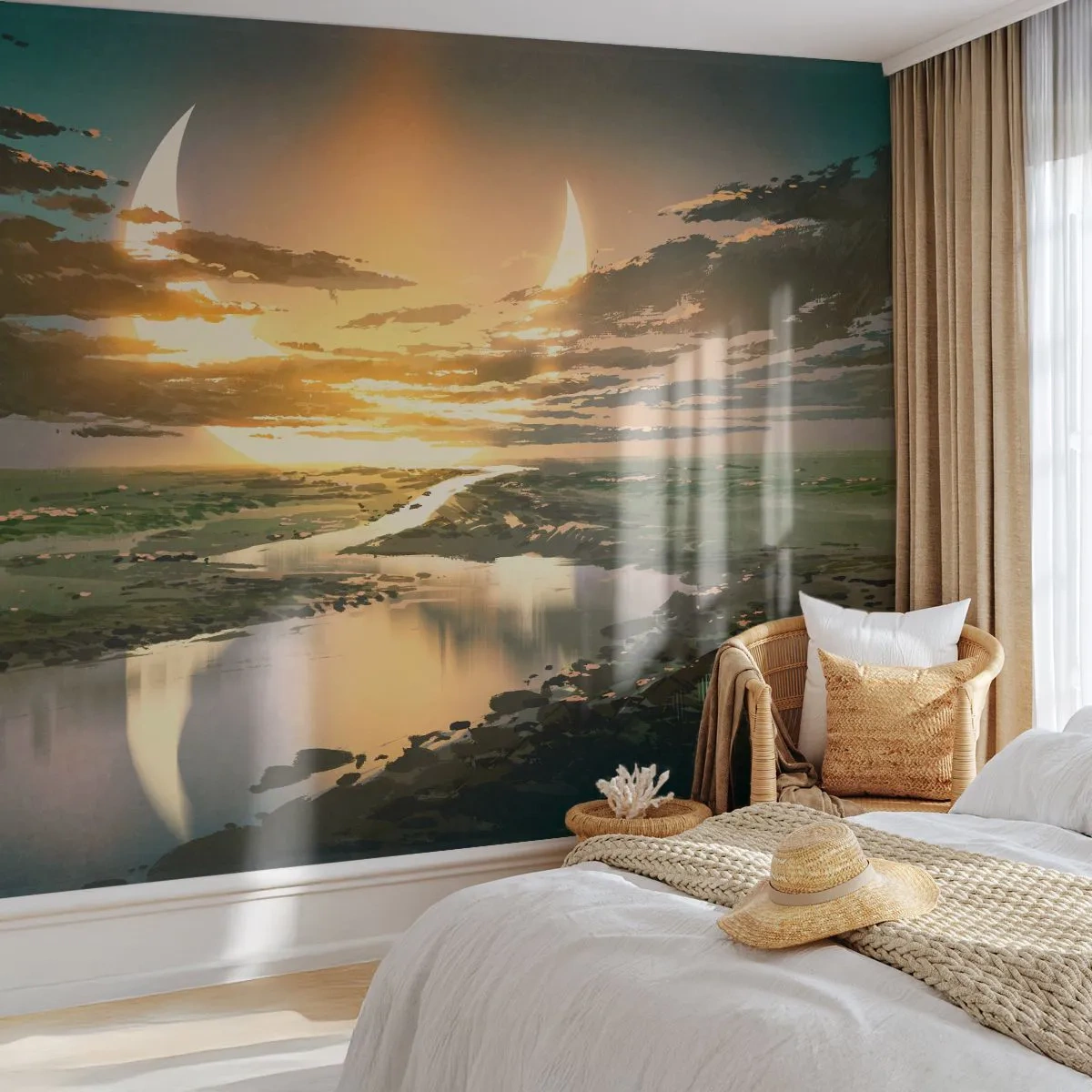 Papier Peint Photo Premium Sand - Un paysage fantastique avec deux lunes - 100x70cm - Quelque part dans une galaxie lointaine, très lointaine - Décoration murale moderne pour le salon et la chambre ARTTOR