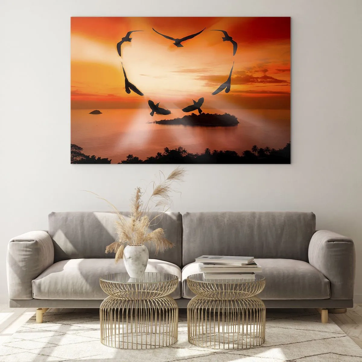Impression sur verre - Image sur verre - Oiseaux formant un cœur sur fond de coucher de soleil - 120x80cm - Aimer le monde comme les oiseaux - Décoration murale moderne pour le salon et la chambre ARTTOR