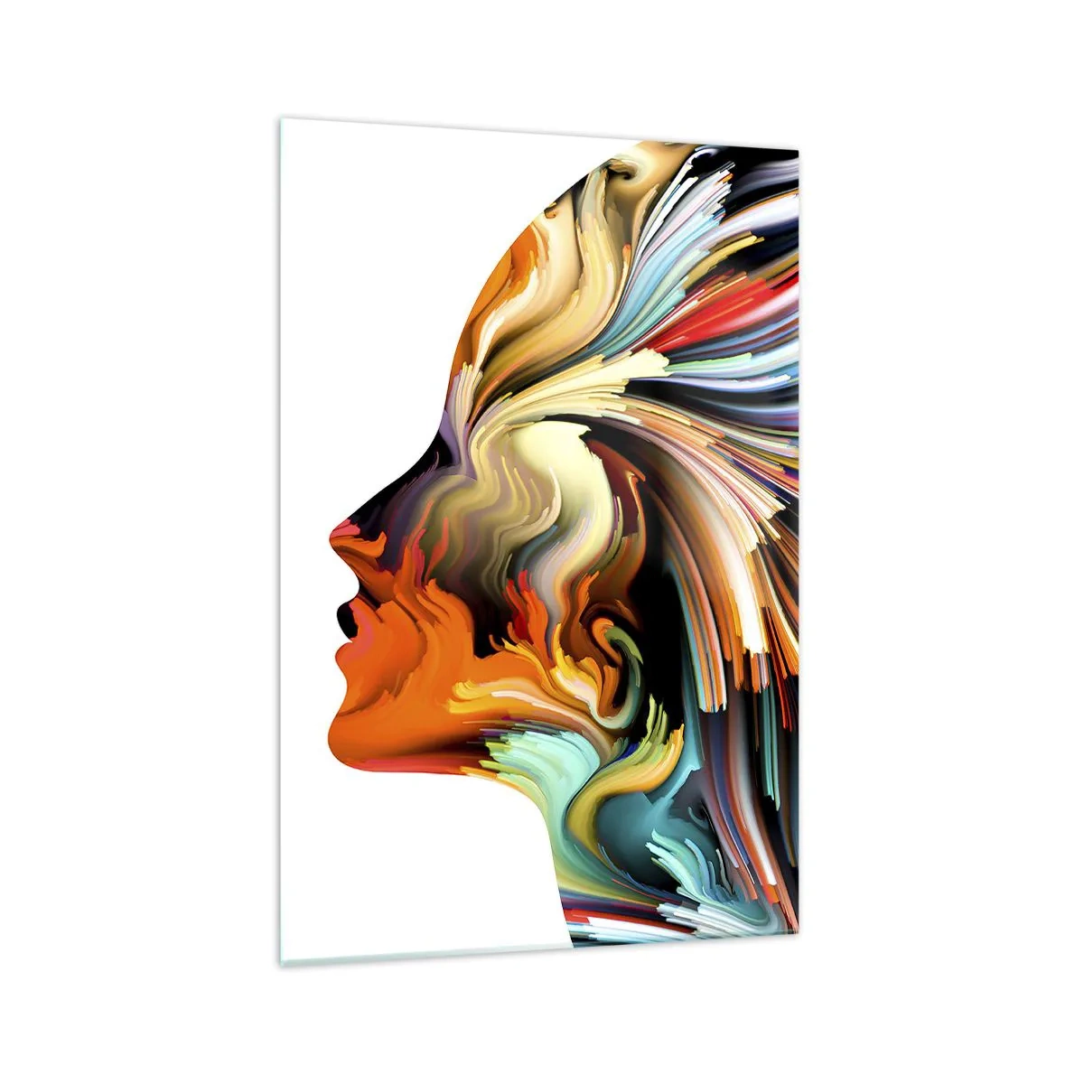 Impression sur verre - Image sur verre - Profil de visage abstrait avec des lignes dynamiques colorées. - 70x100cm - Une explosion d'imaginaire - Décoration murale moderne pour le salon et la chambre ARTTOR