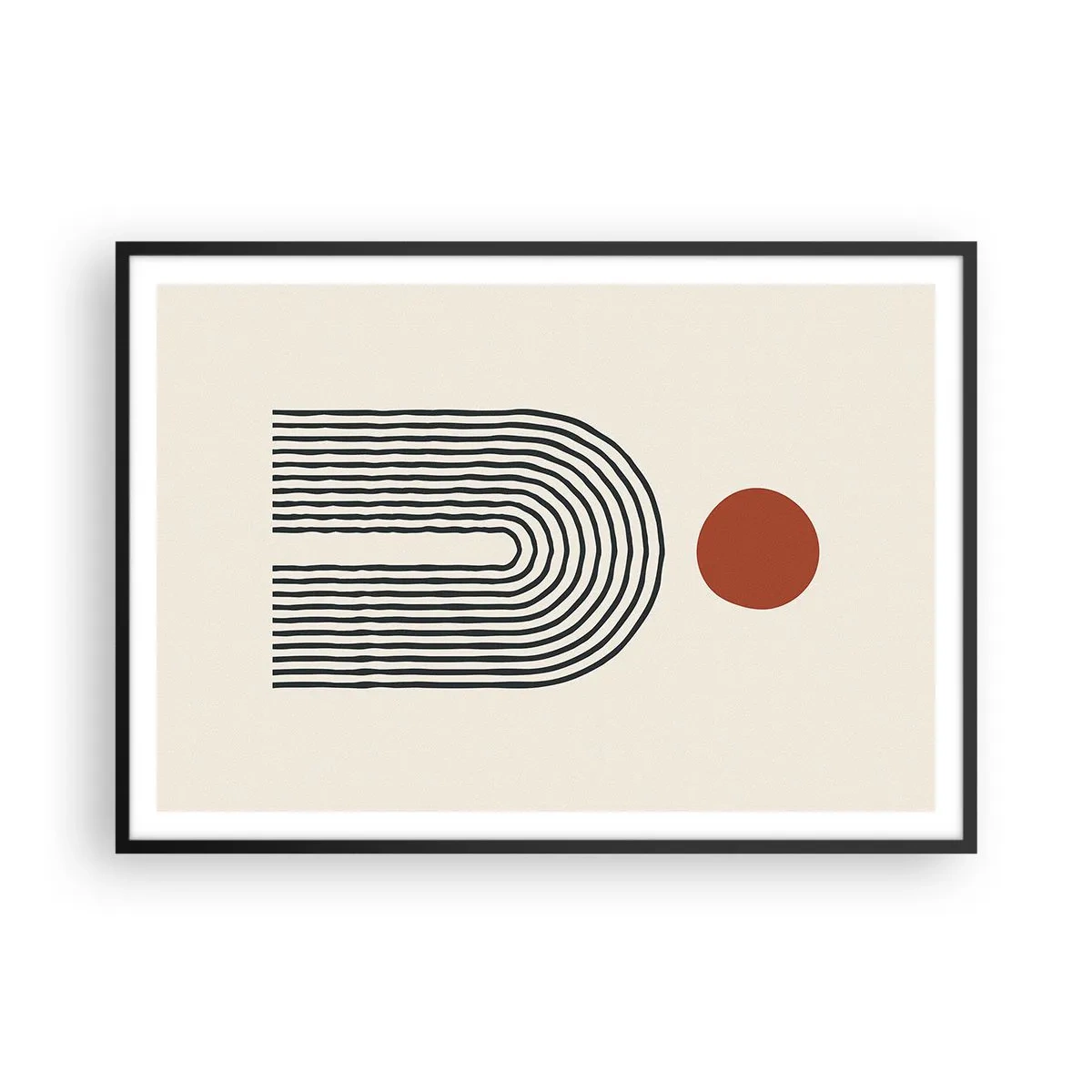 Affiche dans un cadre noir - Poster - Motif abstrait moderne avec des lignes et un cercle rouge - 100x70cm - Le magnétisme des formes et des couleurs - Décoration murale moderne pour le salon et la chambre ARTTOR
