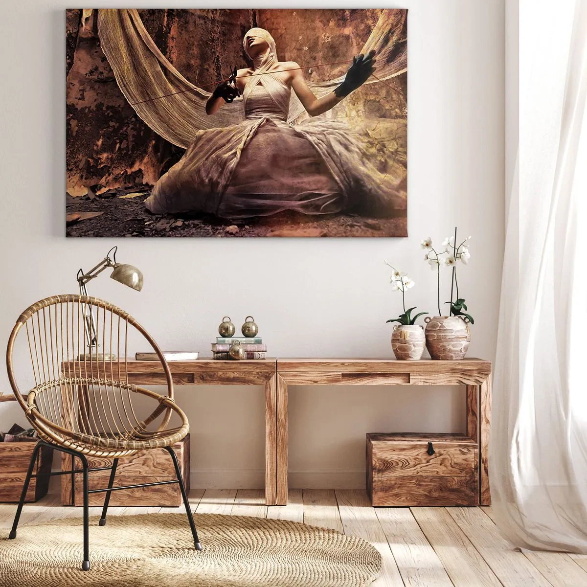 Impression sur toile - Image sur toile - Une femme en robe avec le visage couvert et des ciseaux dans les mains - 70x50cm - Déesse du destin - Décoration murale moderne pour le salon et la chambre ARTTOR