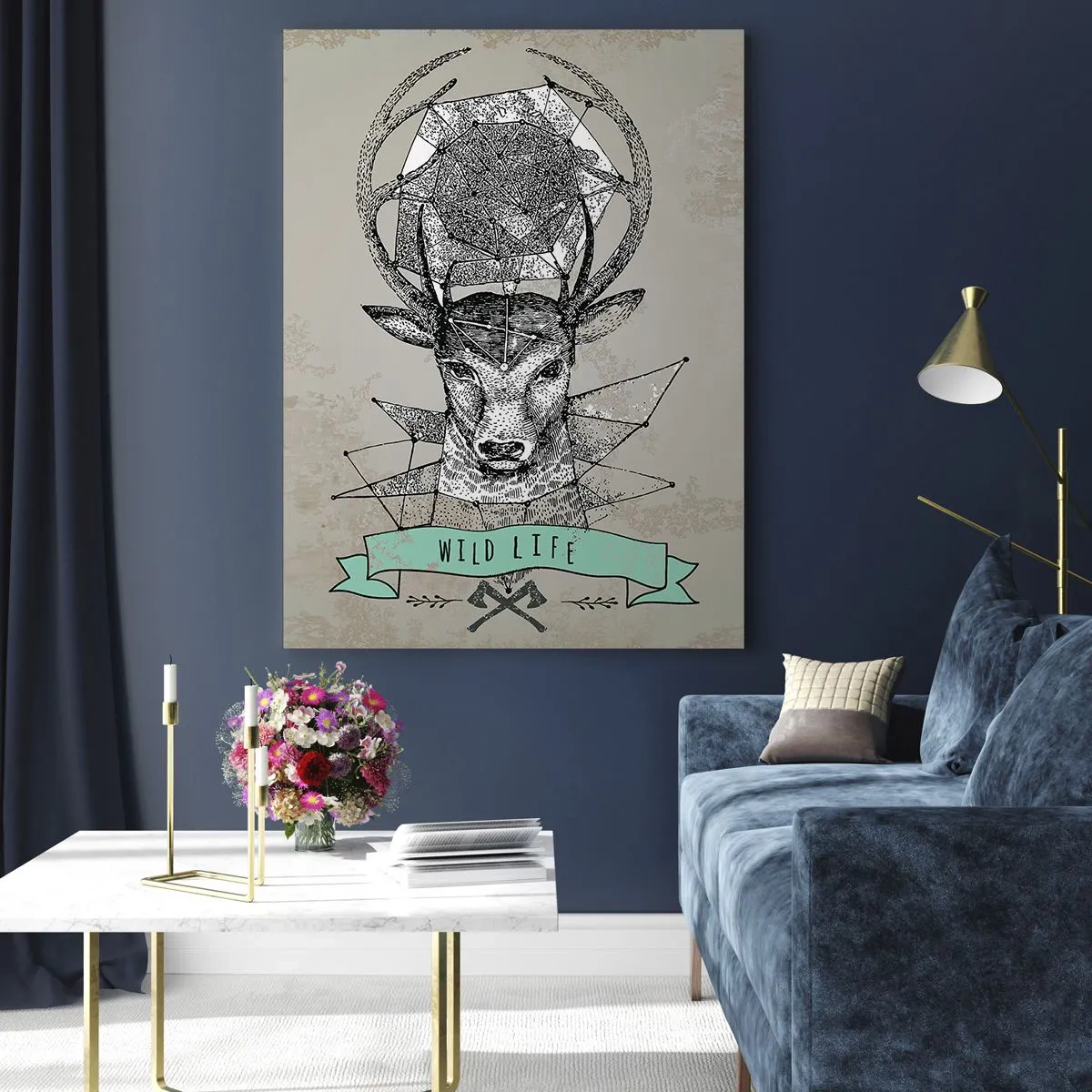 Impression sur verre - Image sur verre - Dessin géométrique d'un cerf avec l'inscription Wild Life - 50x70cm - Voir St. Hubertus - Décoration murale moderne pour le salon et la chambre ARTTOR