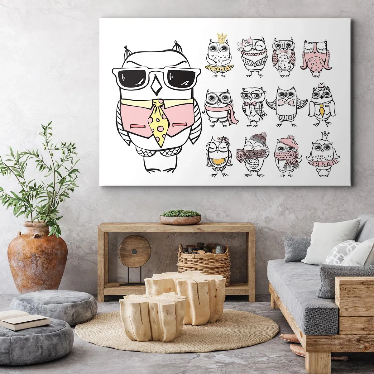 Impression sur toile - Image sur toile - Des hiboux dans différents styles et vêtements - 120x80cm - Tant de rôles à jouer - Décoration murale moderne pour le salon et la chambre ARTTOR