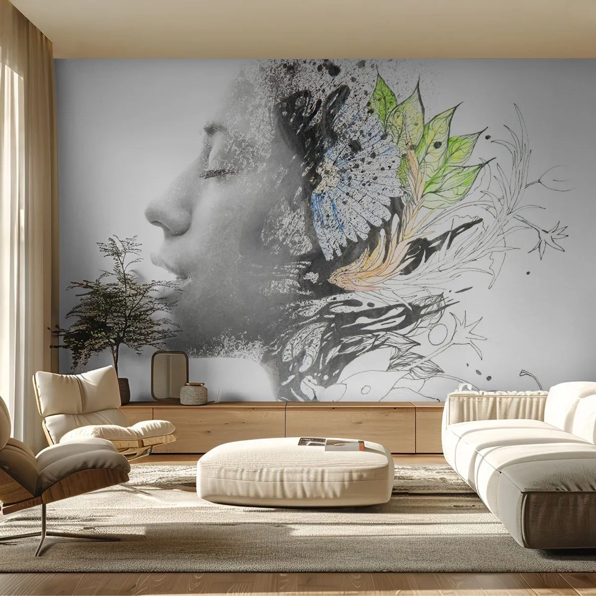 Papier Peint Photo Premium Sand - Portrait d'une femme dans l'abstraction artistique - 100x70cm - Immergé dans la nature - Décoration murale moderne pour le salon et la chambre ARTTOR