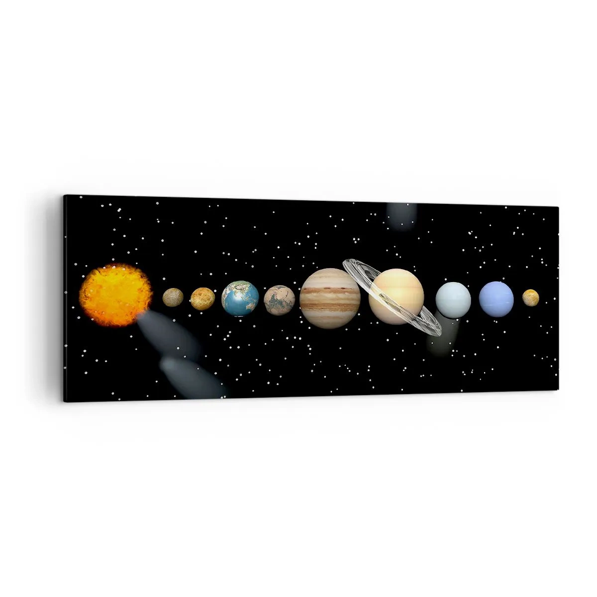 Impression sur toile - Image sur toile - Le système solaire avec des planètes sur fond d'étoiles dans l'espace - 140x50cm - Et les planètes sont folles, sont folles... - Décoration murale moderne pour le salon et la chambre ARTTOR