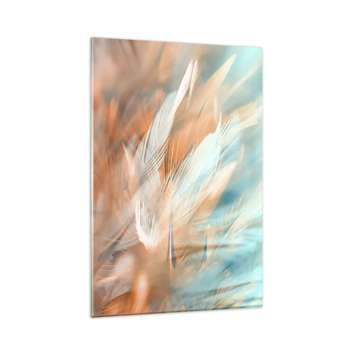 Impression sur verre - Image sur verre - Plumes délicates dans des tons pastel de bleu et d'orange - 80x120cm - Au pays de la douceur - Décoration murale moderne pour le salon et la chambre ARTTOR