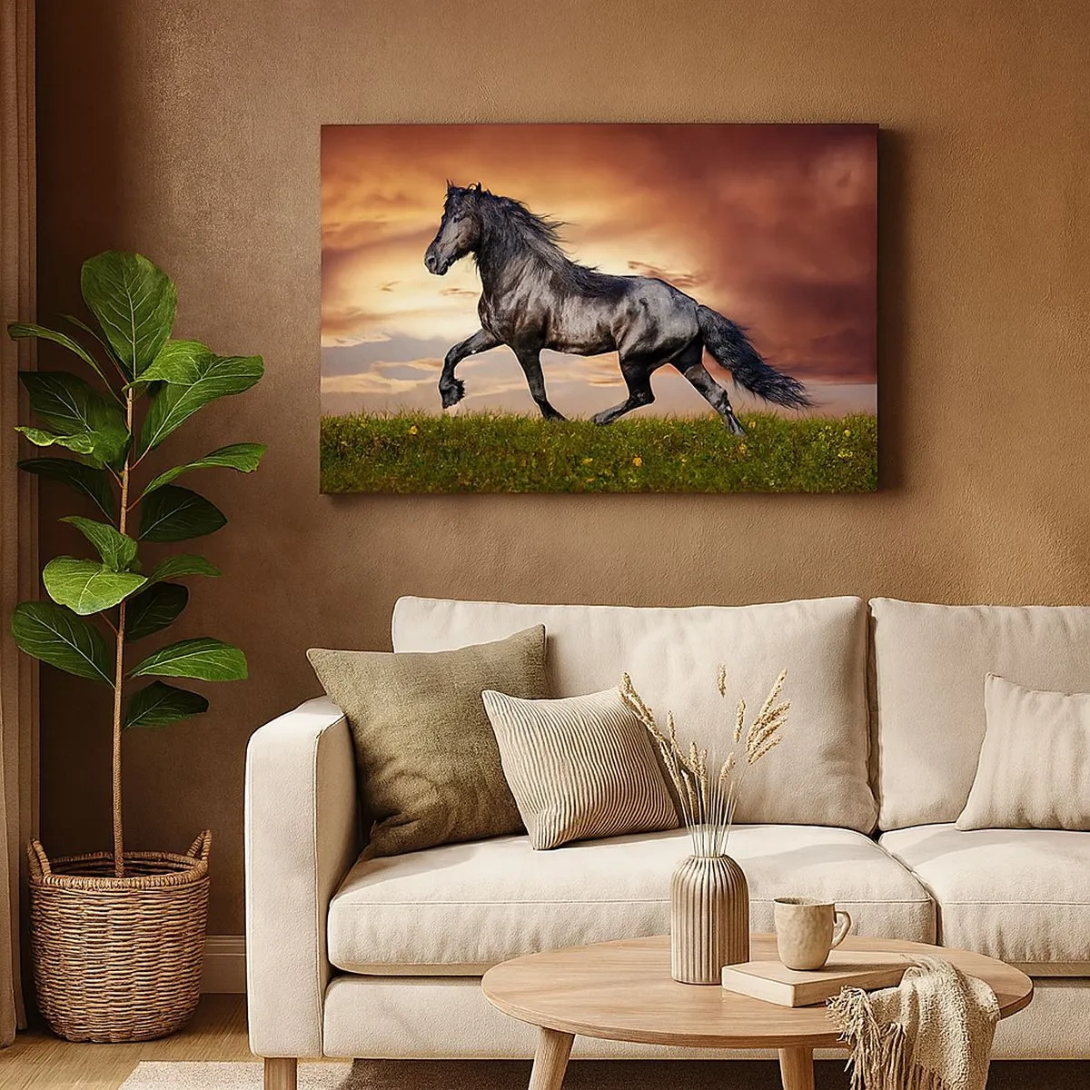 Impression sur toile - Image sur toile - Un cheval noir galopant contre le soleil couchant - 70x50cm - Livres noirs - Décoration murale moderne pour le salon et la chambre ARTTOR