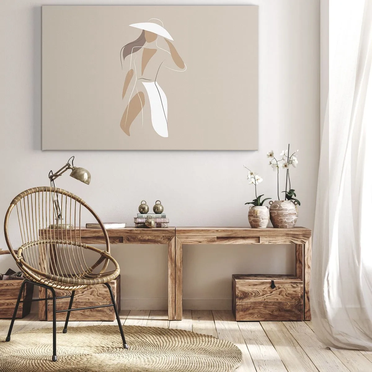 Impression sur toile - Image sur toile - Un dessin minimaliste d'une femme avec un chapeau sur fond beige. - 100x70cm - Lea mode est un jeu - Décoration murale moderne pour le salon et la chambre ARTTOR