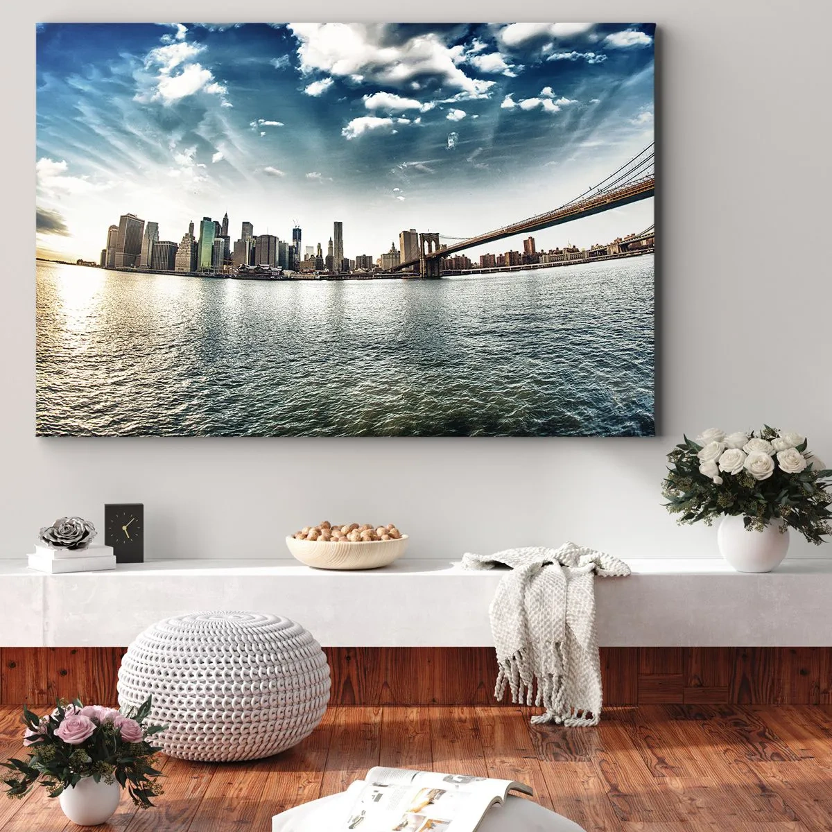 Impression sur toile - Image sur toile - Panorama de la ville avec un pont contre le ciel bleu - 70x50cm - L'île de verre - Décoration murale moderne pour le salon et la chambre ARTTOR