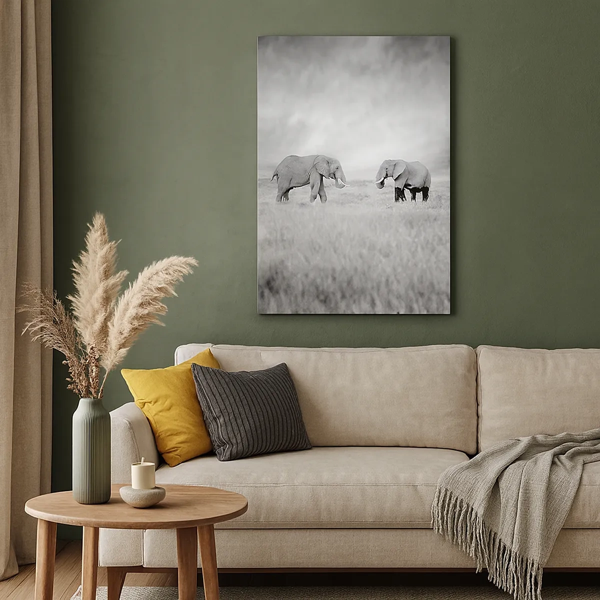 Impression sur toile - Image sur toile - Deux éléphants sur fond de savane africaine - 50x70cm - Le gris est beau - Décoration murale moderne pour le salon et la chambre ARTTOR