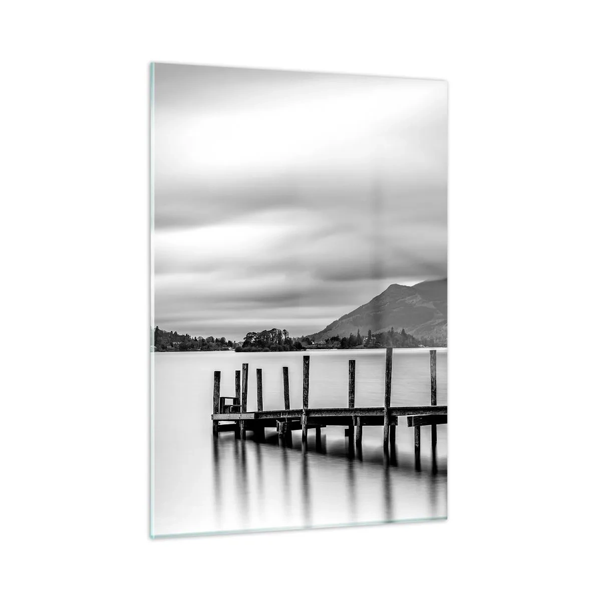 Impression sur verre - Image sur verre - Paysage noir et blanc avec un lac et une jetée en bois - 50x70cm - Douceur et force - Décoration murale moderne pour le salon et la chambre ARTTOR
